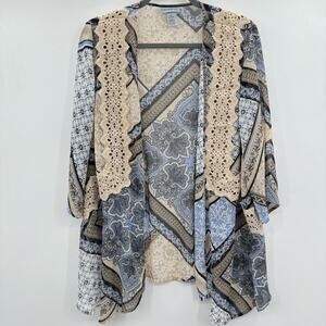Catherines Patchwork Floral Crochet Sheer Kimono Topper 14/16W Blue Beige Boho